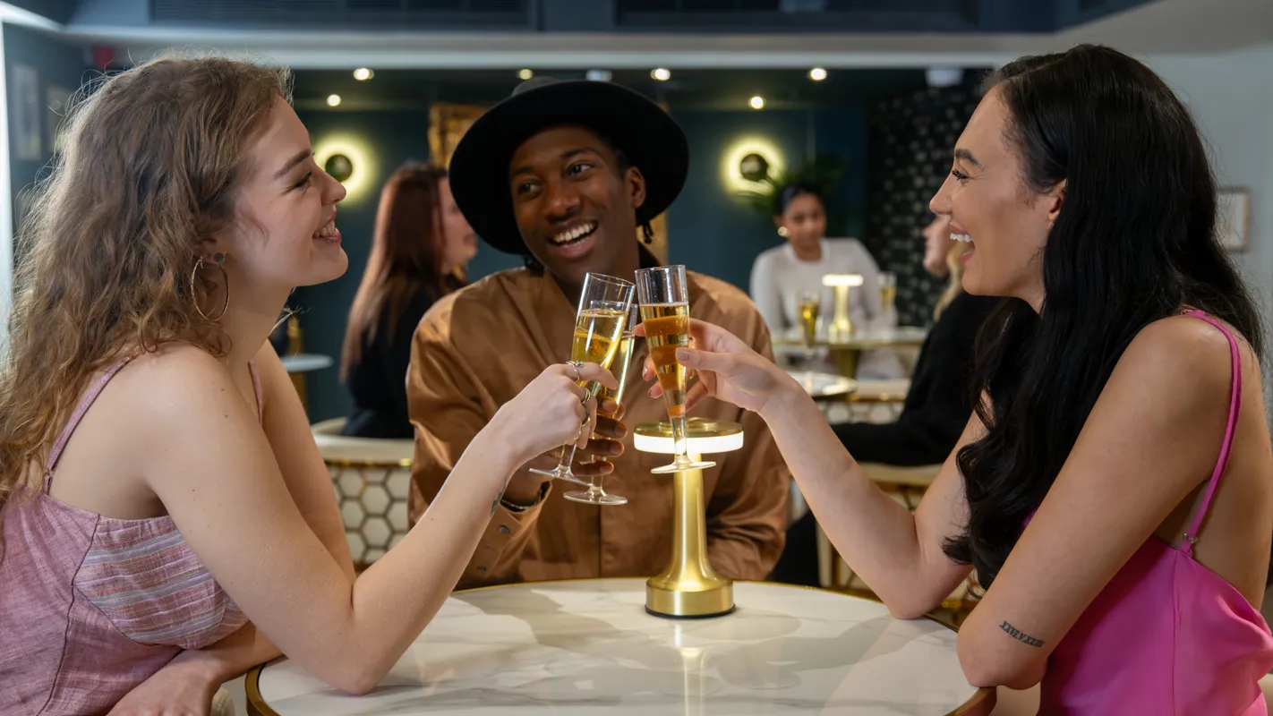 Three guests toasting with glasses of champagne at Madame Tussauds London's 1835 Champagne Bar, surrounded by elegant decor.